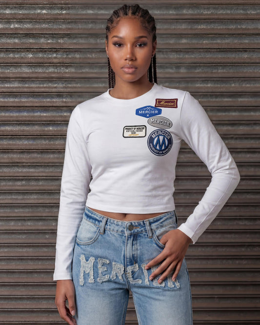 Mercier women's white OG badge fitted long sleeve t-shirt