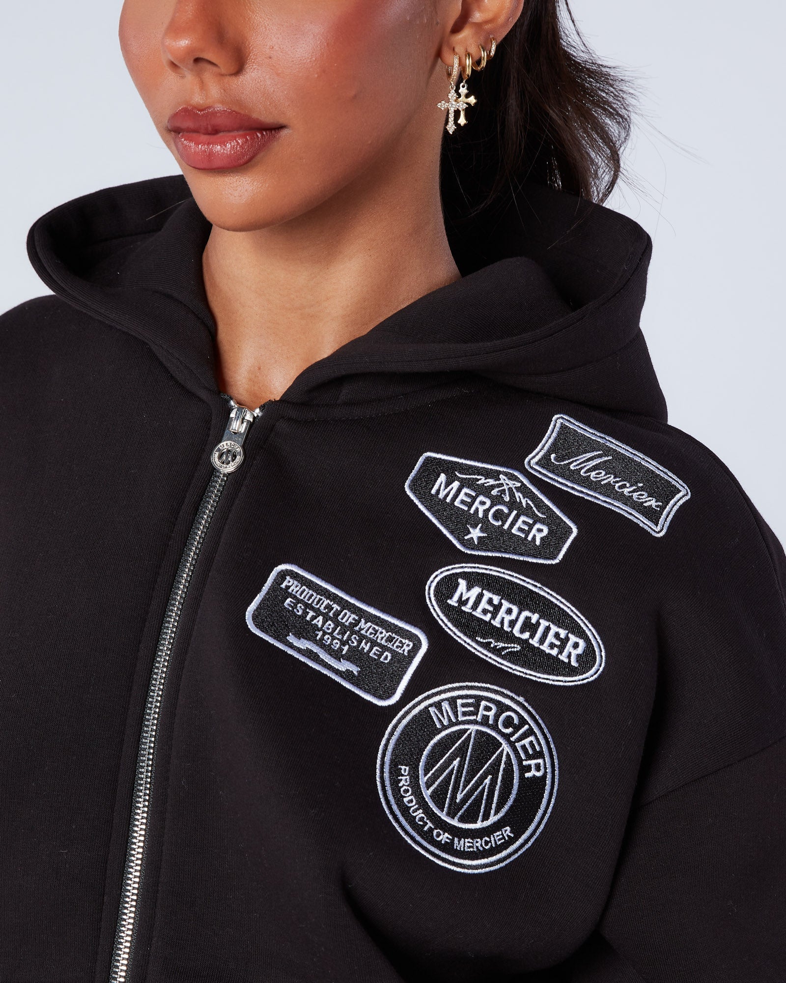 Mercier Women's Black Mono Badge Balloon Hoodie