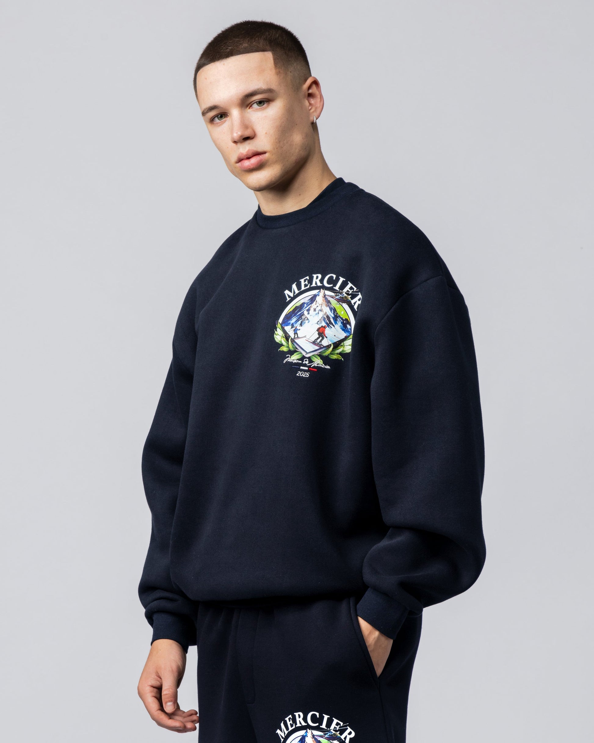 Mercier navy ski crew sweatshirt