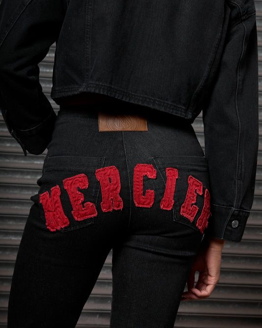 Mercier women's black red high waist denim jeans