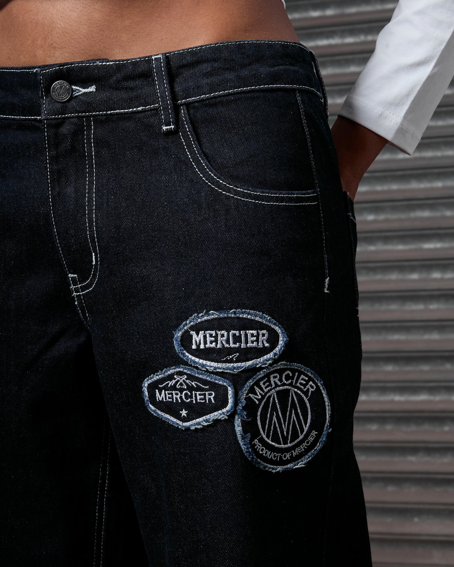 Mercier women's dark blue OG denim stitch badge jeans