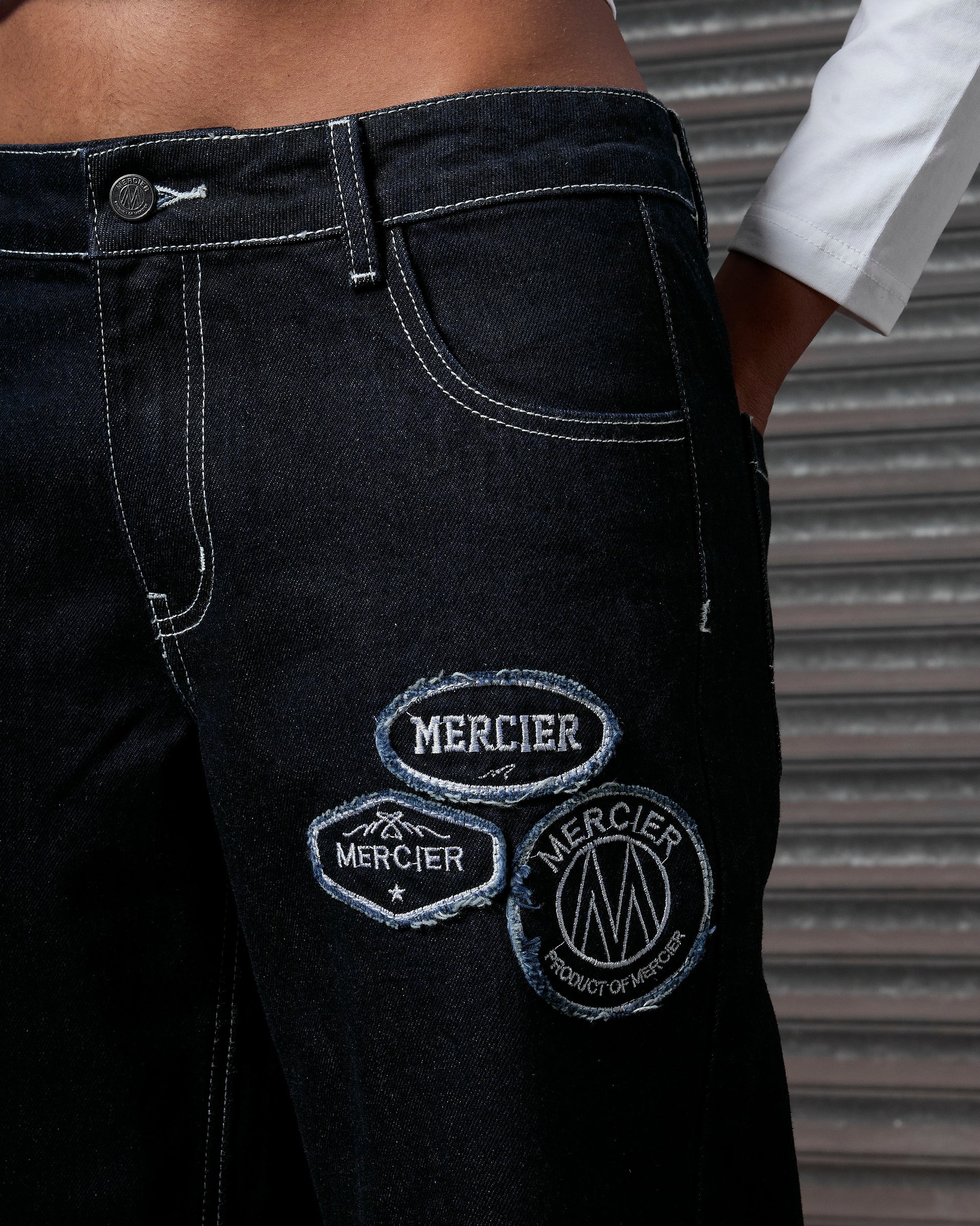 Mercier women's dark blue OG denim stitch badge jeans
