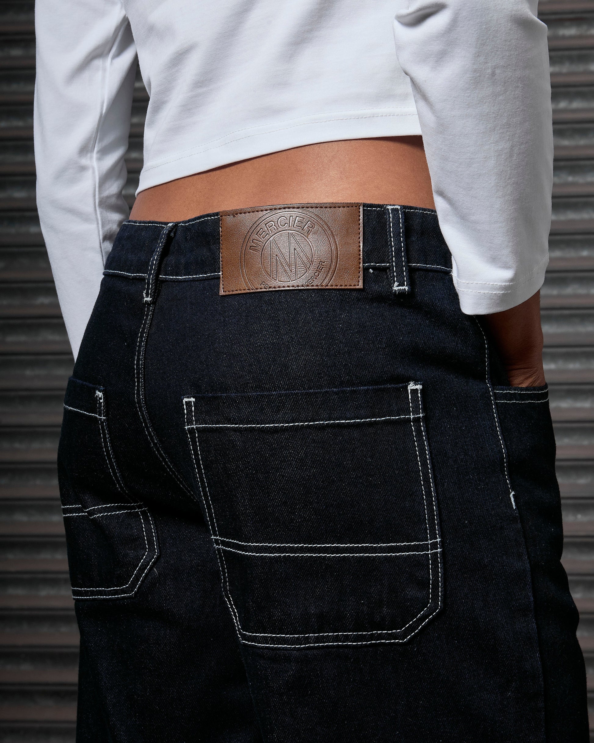 Mercier women's dark blue OG denim stitch badge jeans