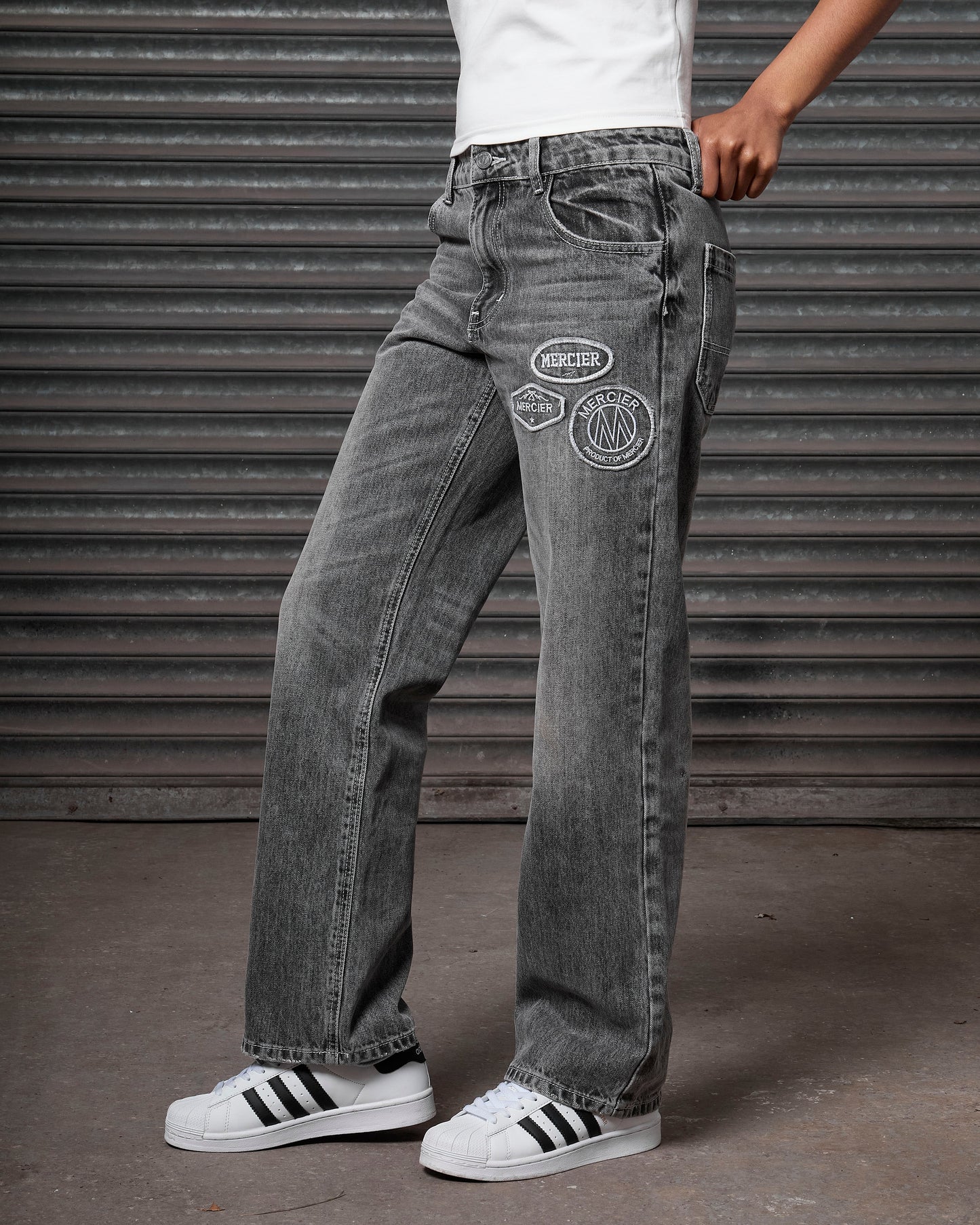 Mercier women's grey OG denim stitch badge jeans