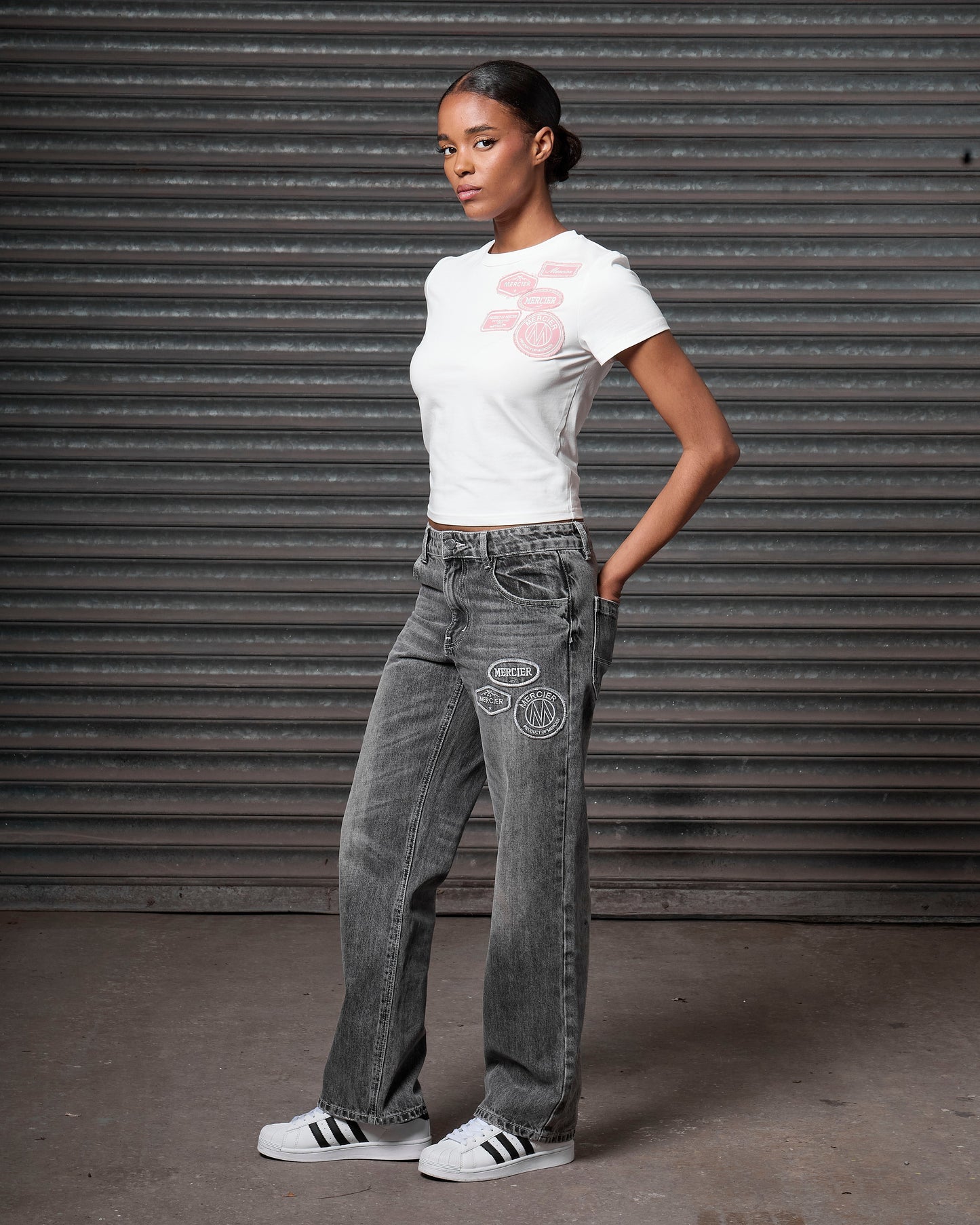 Mercier women's grey OG denim stitch badge jeans