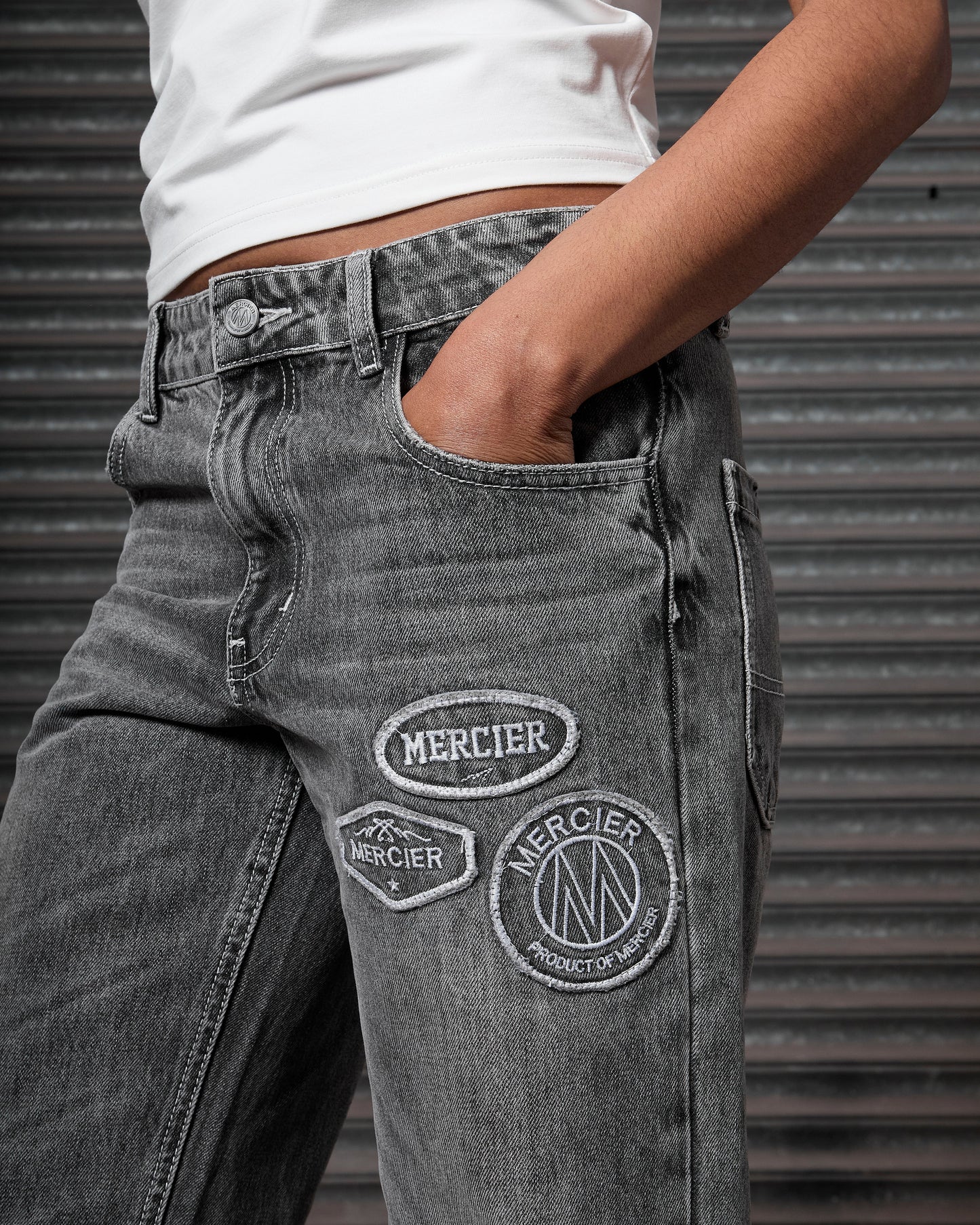 Mercier women's grey OG denim stitch badge jeans