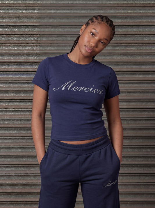 Mercier women's navy OG badge fitted t-shirt