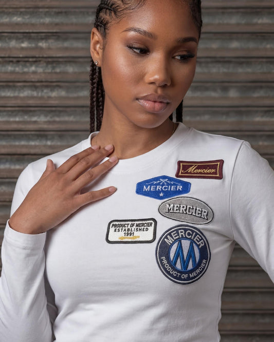 Mercier women's white OG badge fitted long sleeve t-shirt